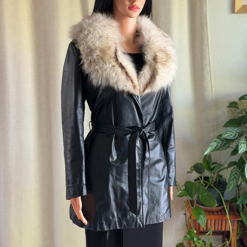 Vtg 90s Y2K Black Leather Trench Coat Fur Collar Wrap Tie Waist 6 Penny Lane 70s